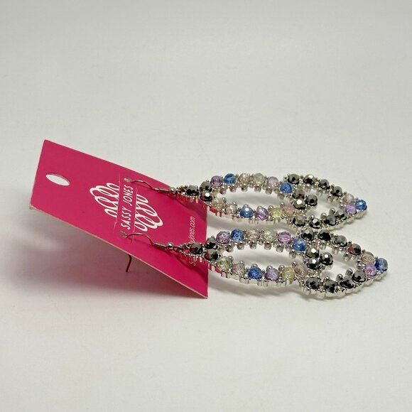 Sassy Jones Malia Glass Dangle Unicorn Rhinestone Silver Tone Hook Drop Earrings - Picture 3 of 6